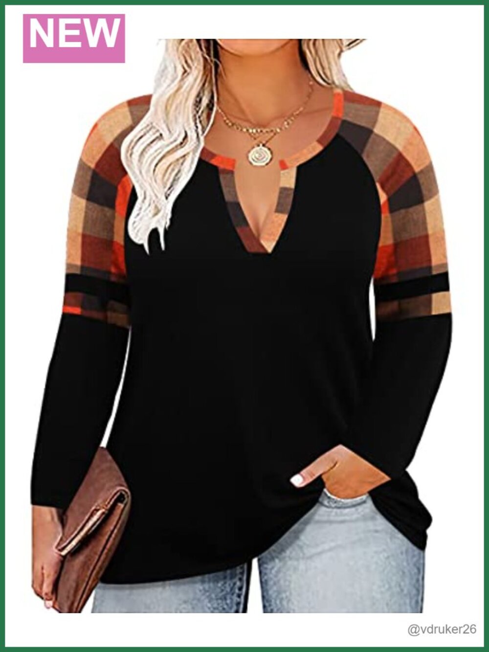 Plus Size Long Sleeve Tunic Top V-Neck Color Block Pullover Casual Fall Winter